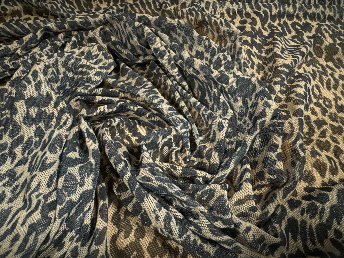 Power mesh net stretch spandex fabric, per metre - micro leopard print - stone & black