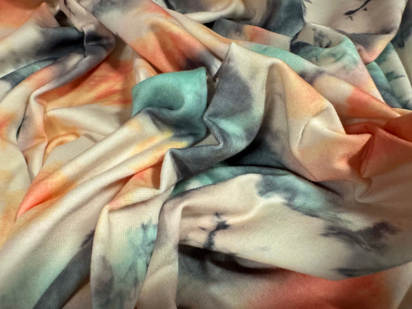 Stretch spandex interlock jersey fabric, per metre - watercolour floral print - peach & aqua