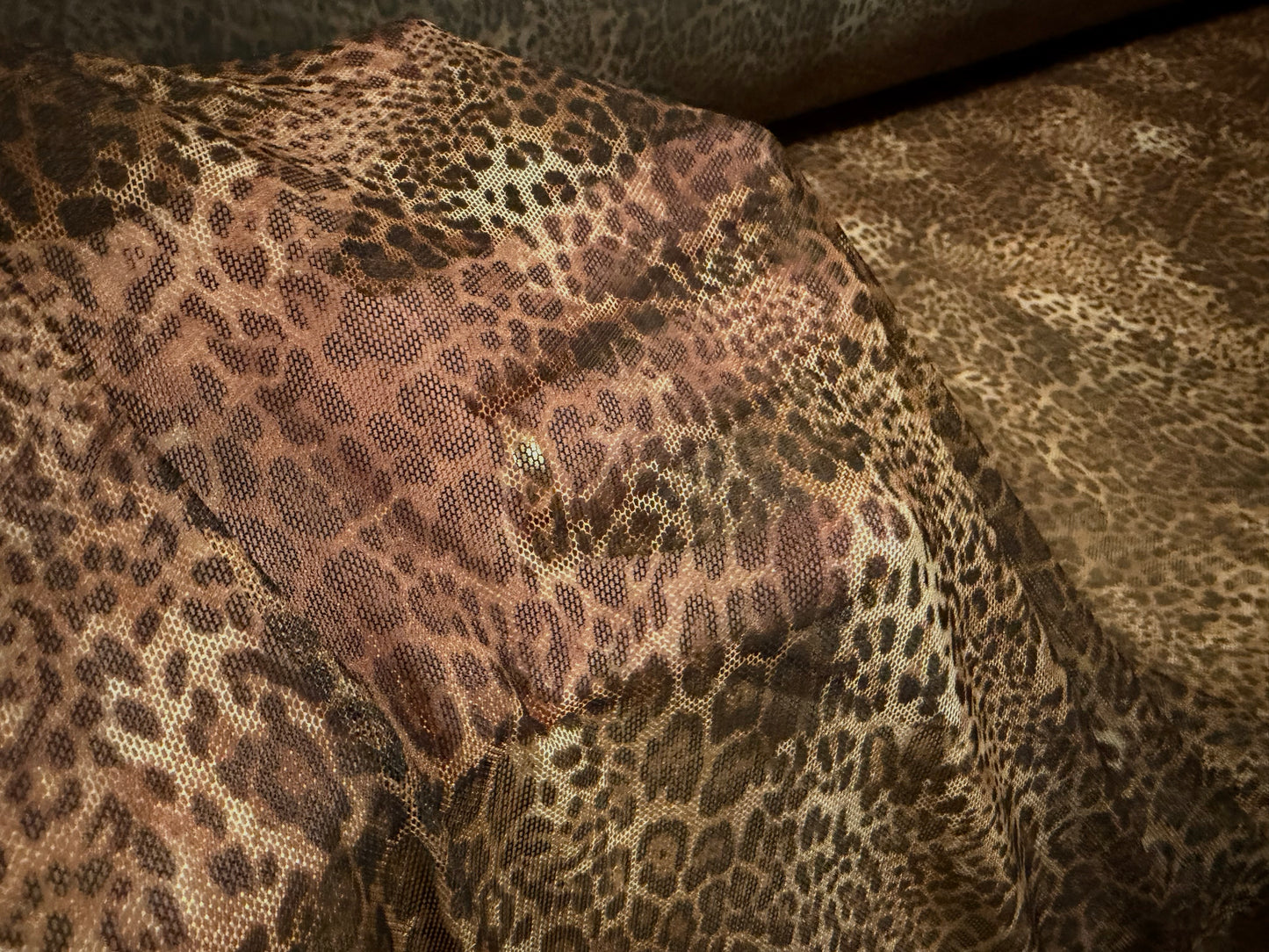 Power mesh net stretch spandex fabric, per metre - leopard skin print - brown