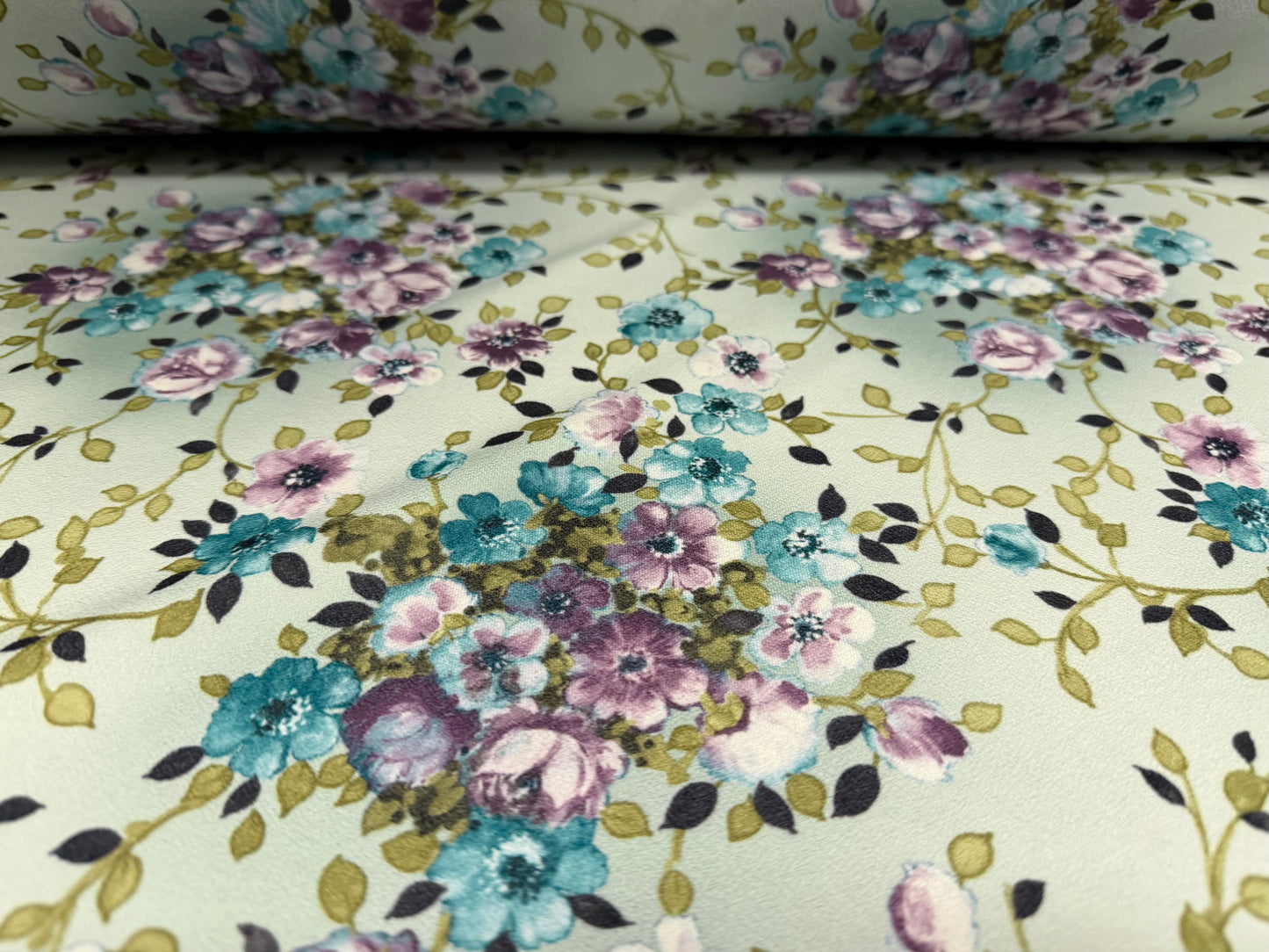 Scuba crepe stretch spandex double jersey fabric, per metre - floral print - mint & violet