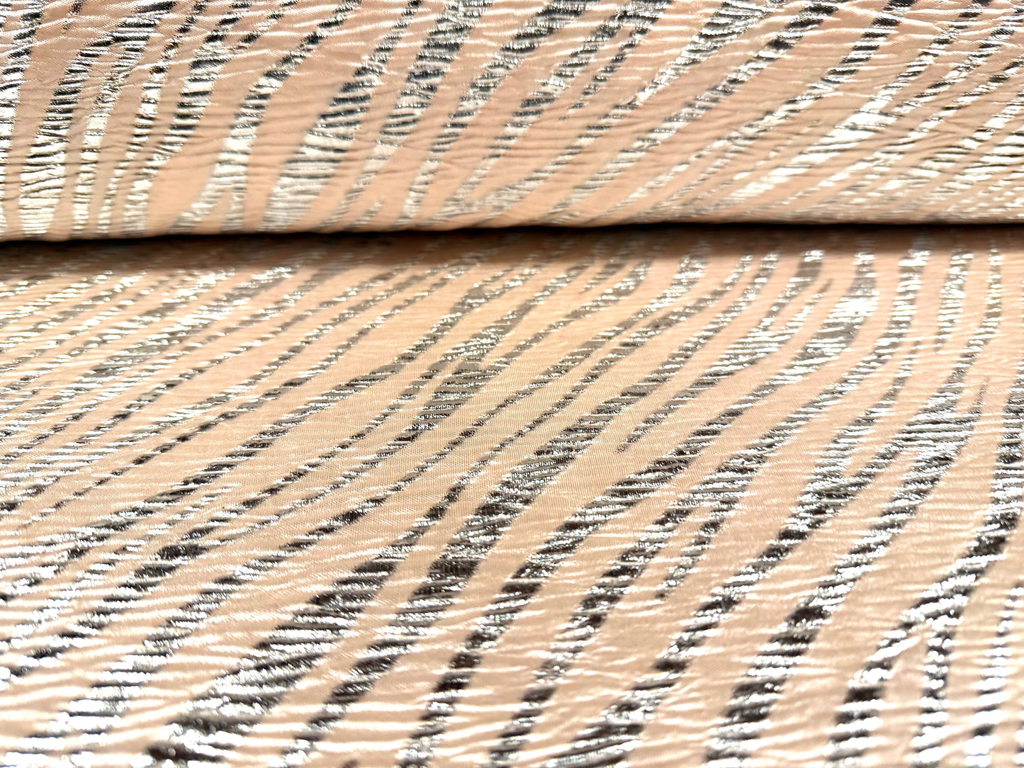 Metallic bodre satin jersey fabric, per metre - zebra print - blush & silver