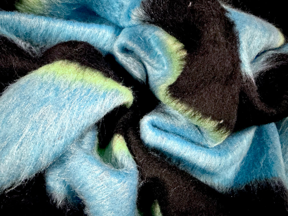 Wool faux fur fabric, per metre - ombré stripe - turquoise lime & black