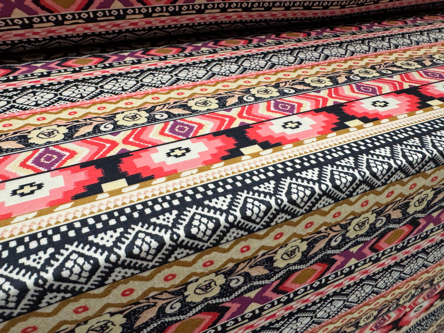 Stretch spandex interlock jersey fabric, per metre - Gaucho stripe print - black cream & pink