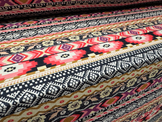Stretch spandex interlock jersey fabric, per metre - Gaucho stripe print - black cream & pink