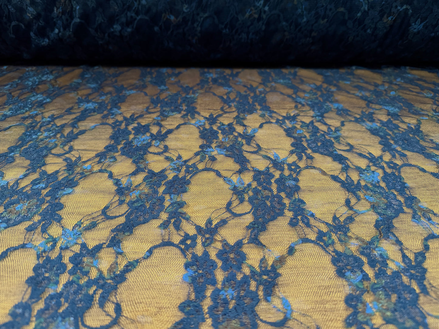 Stretch spandex mesh lace fabric, per metre - floral print - navy blue