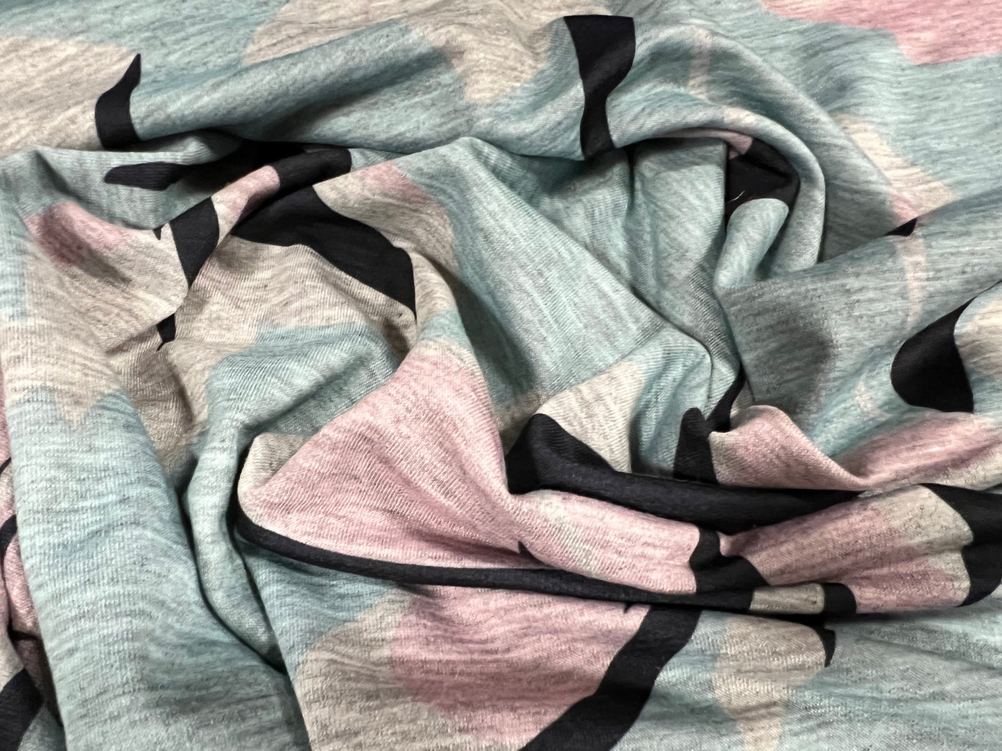 French Terry soft loopback jersey fabric, per metre - stylised flower print - pastel blue & pink