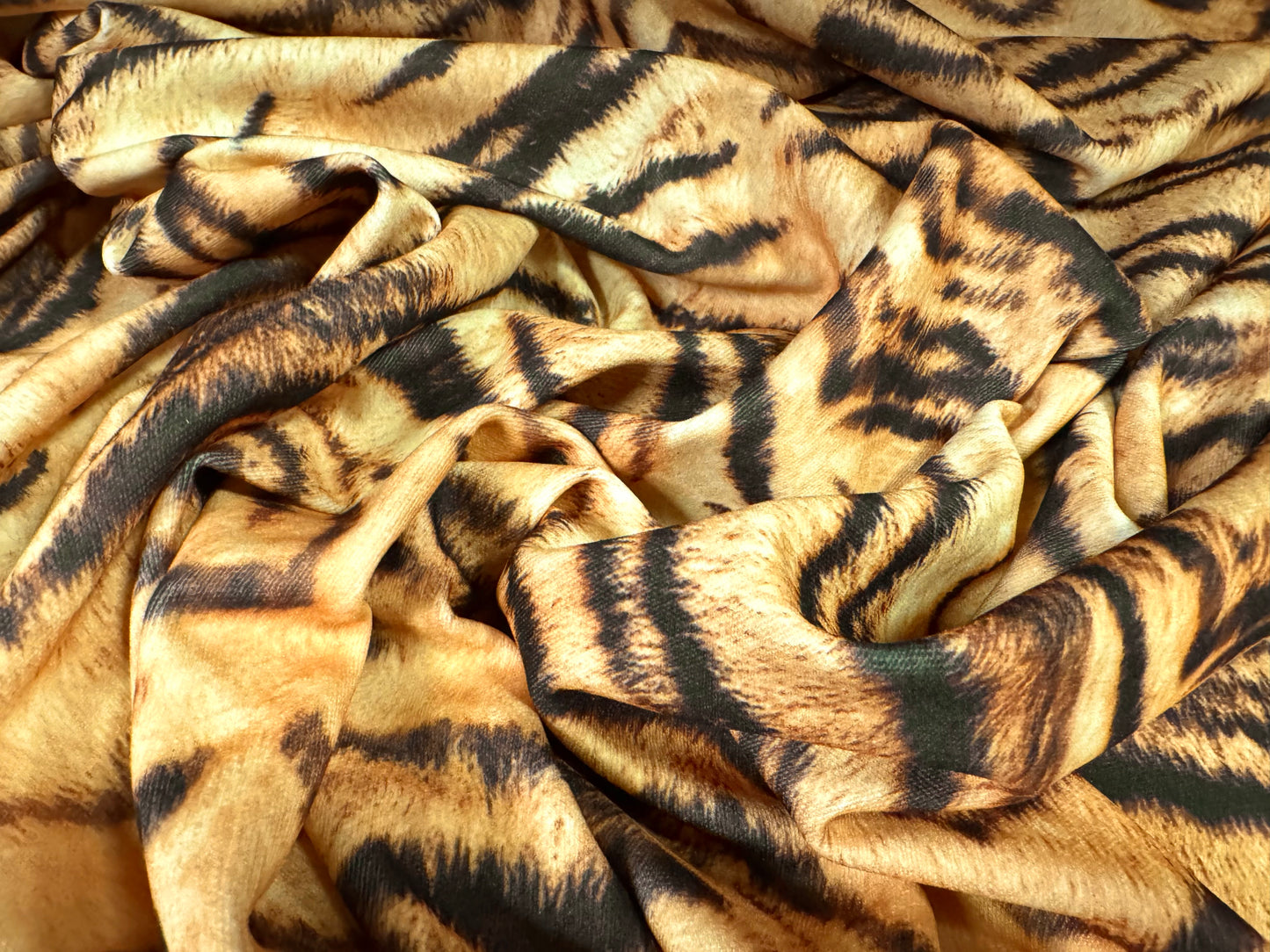 Stretch piqué double jersey fabric, per metre - tiger print - gold