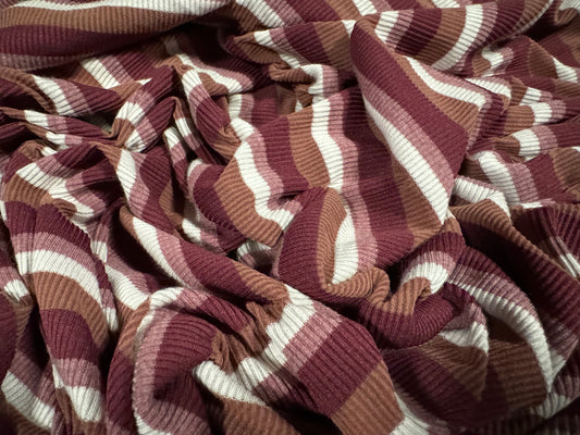 Stretch Spandex rib jersey fabric, per metre - stripe - mulberry & dusky pink