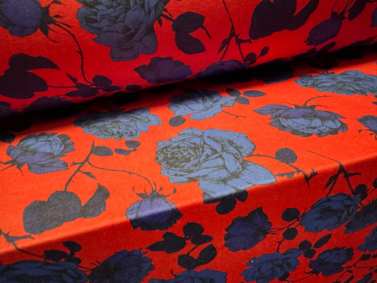 Stretch spandex single jersey fabric, per metre - roses print - red & blue