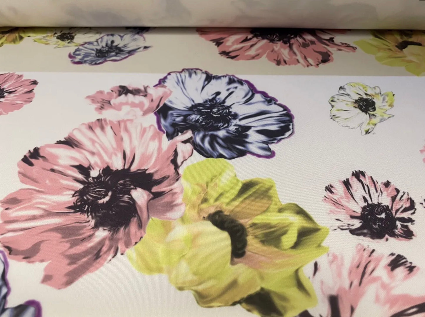 Scuba stretch spandex double jersey dress fabric, per metre - pastel floral print - white lemon & pink