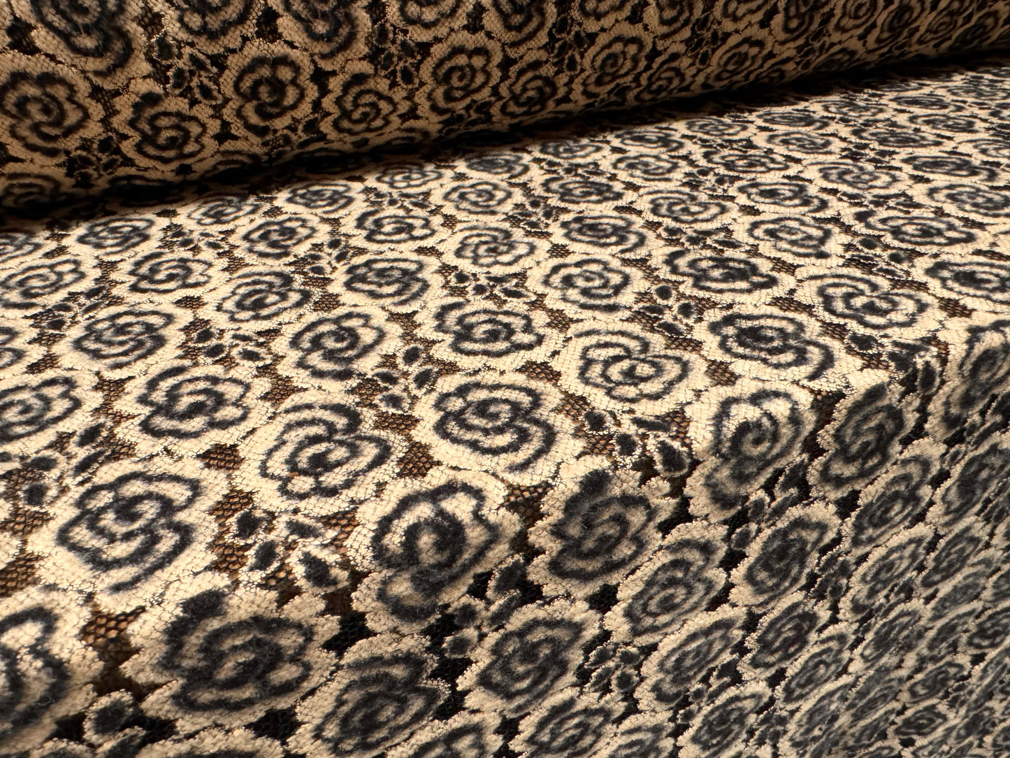 Soft brushed stretch lace fabric, per metre - floral rose - black & beige