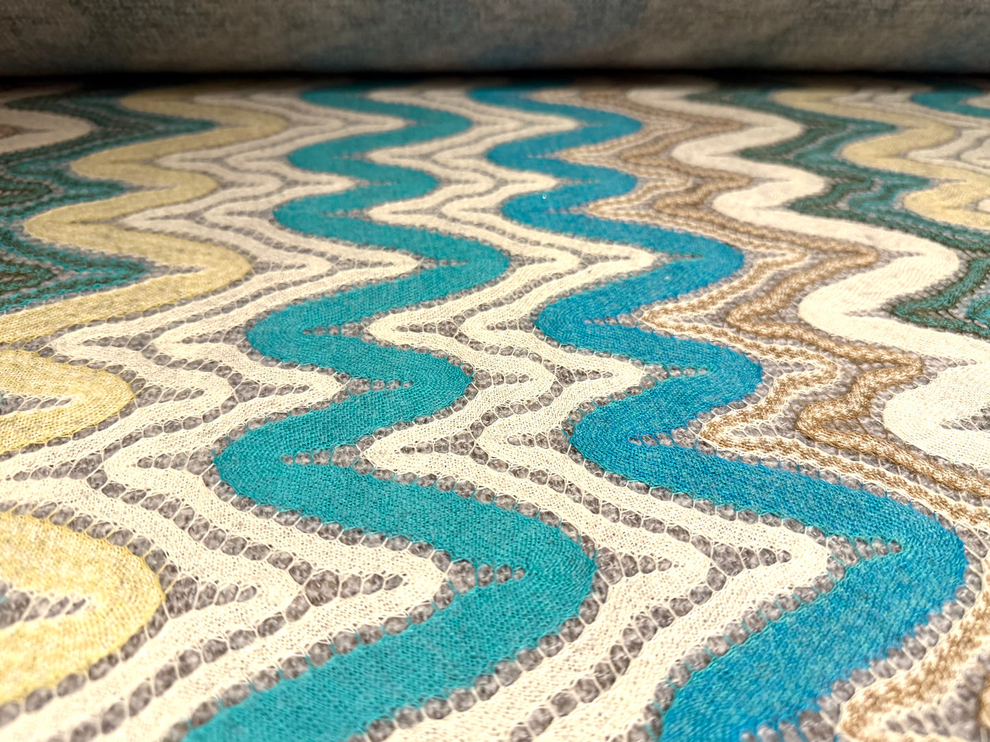 Wool blend heavyweight jacquard fabric, per metre - zigzag wave - turquoise & cream