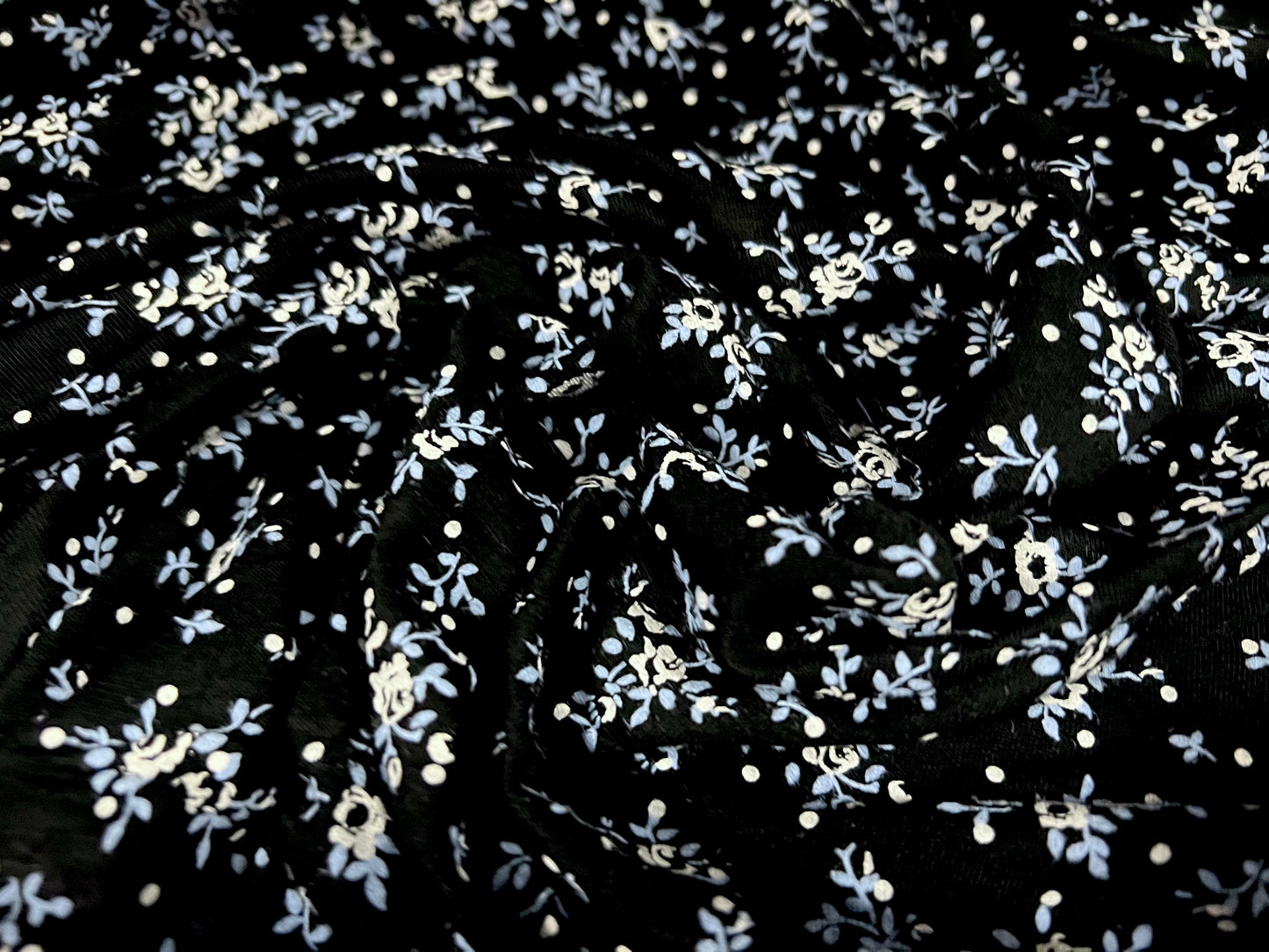 Viscose spandex stretch single jersey fabric, per metre - ditsy flower print - black & blue