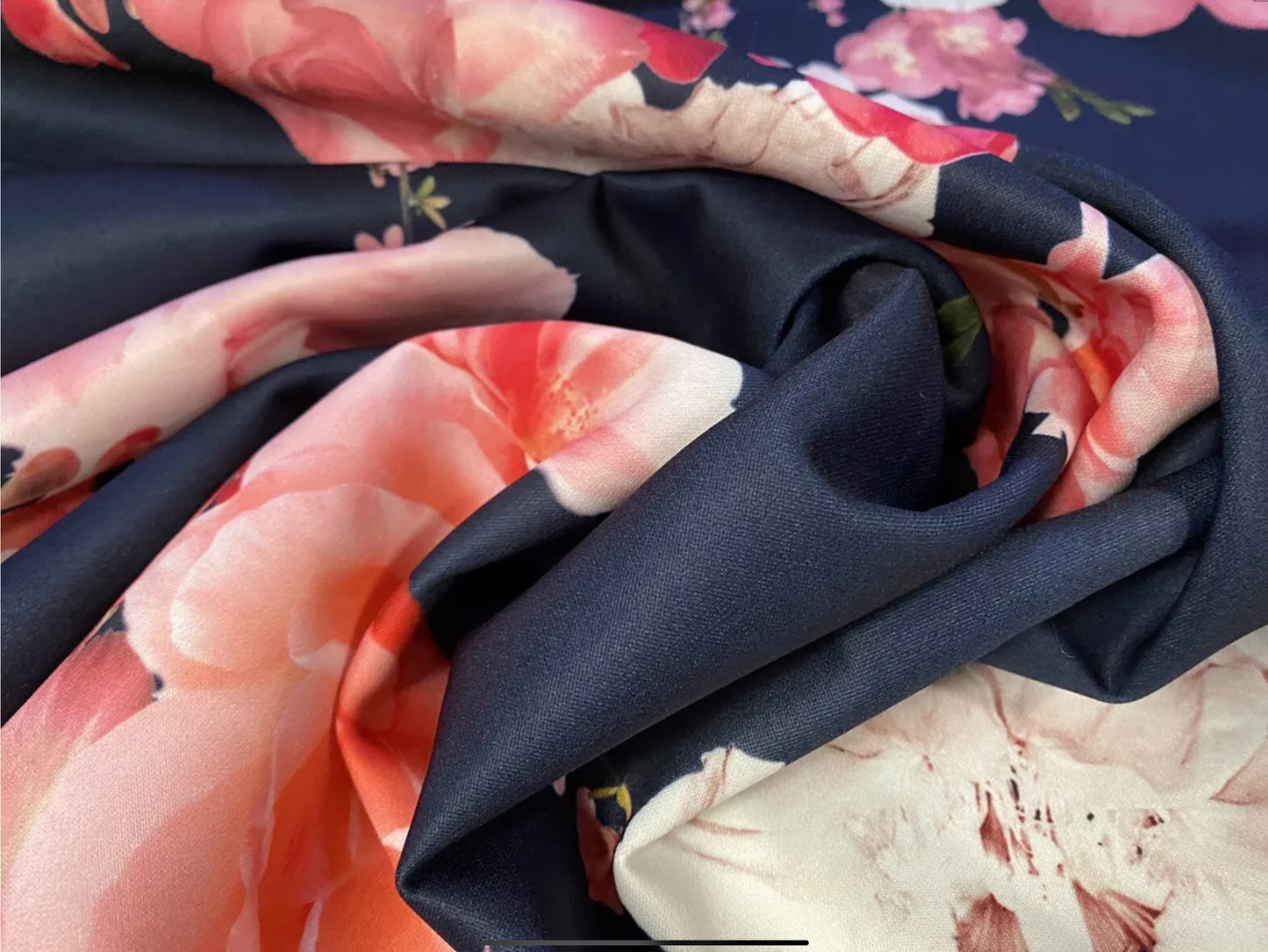 Scuba stretch spandex double jersey dress fabric, per metre - roses and lillies floral print - navy blue & pink