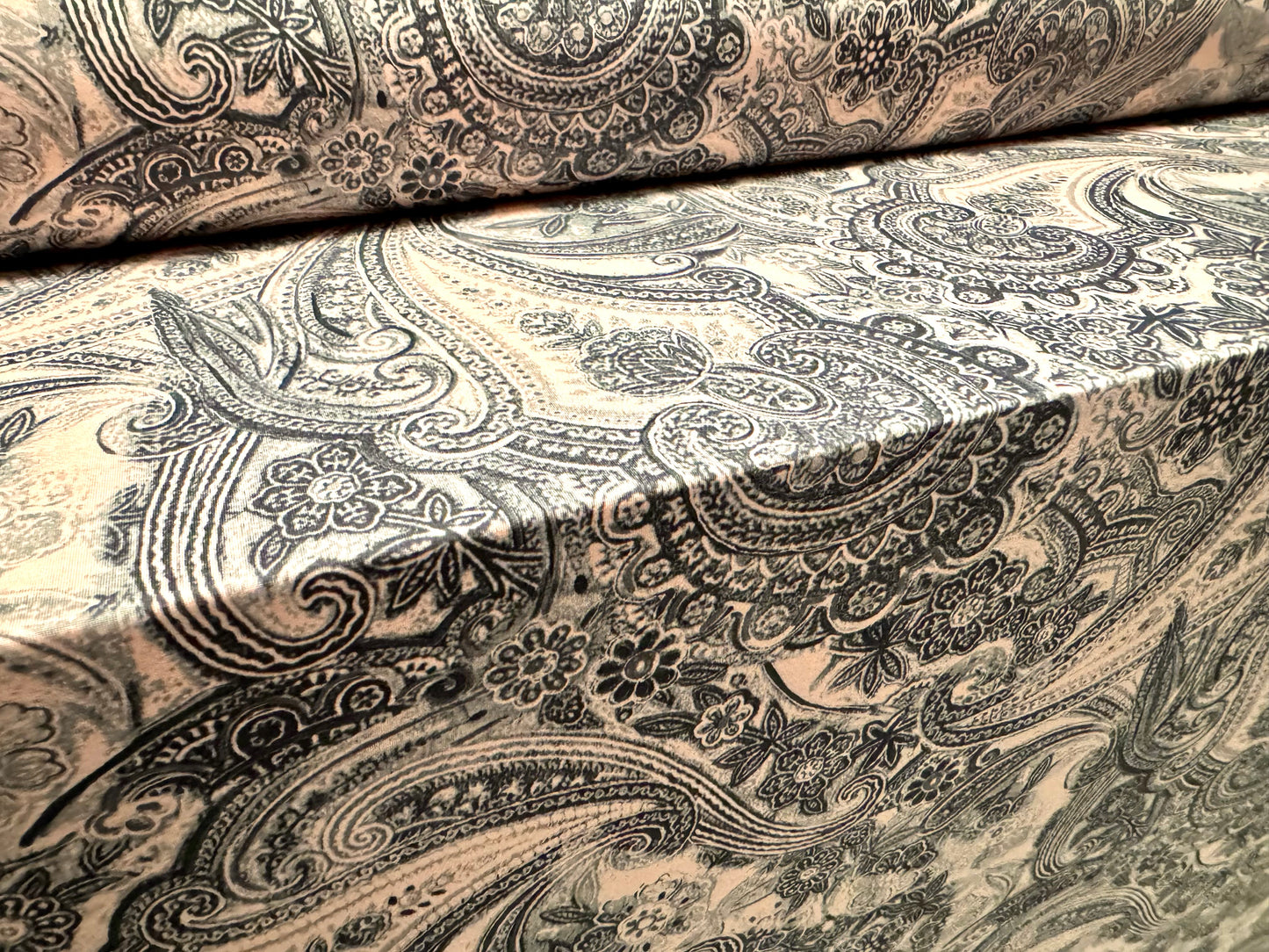 Soft touch stretch spandex single jersey fabric, per metre - paisley print - nude & grey