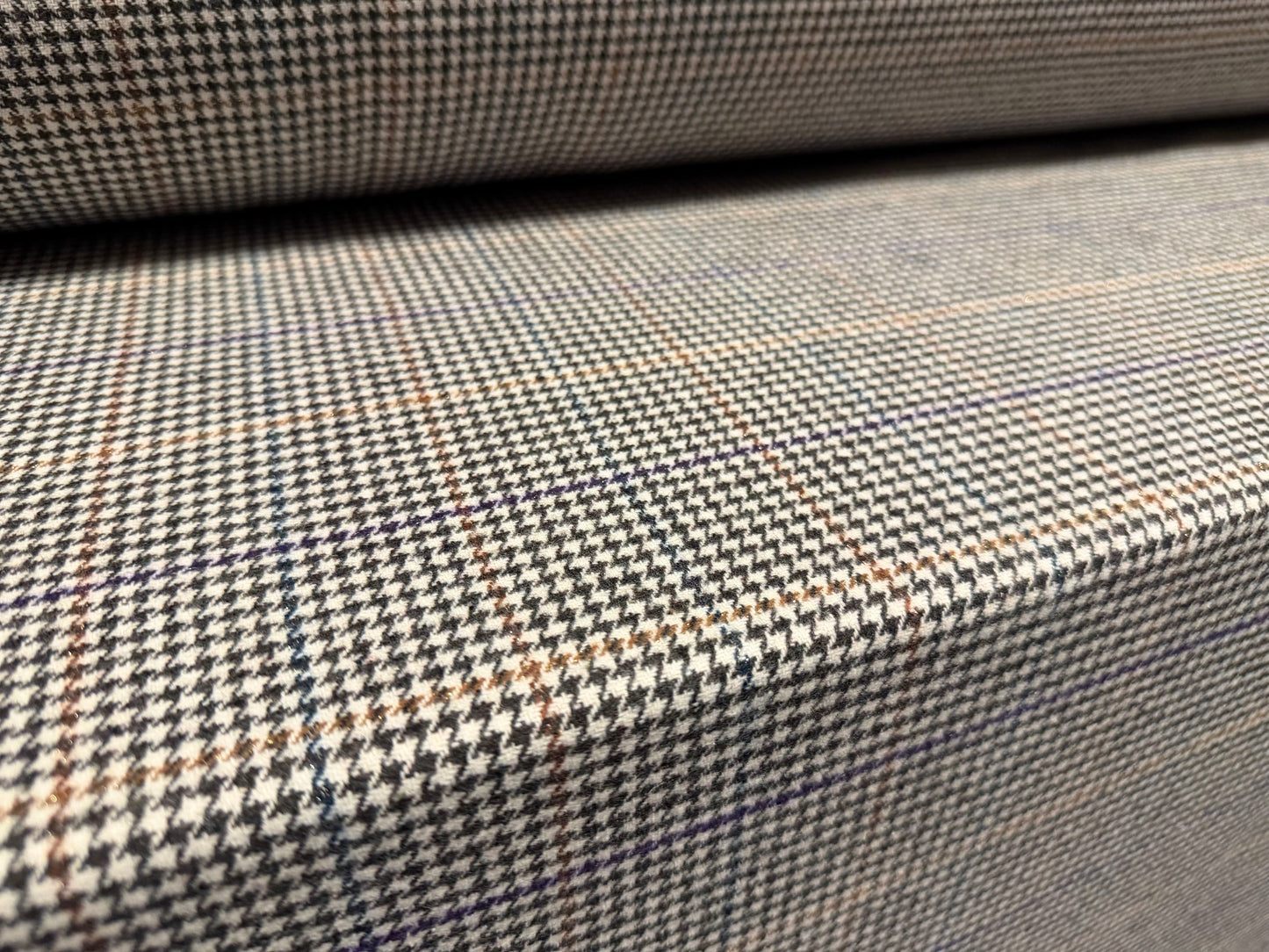 Metallic wool tweed fabric, per metre - dogtooth check - brown purple & emerald