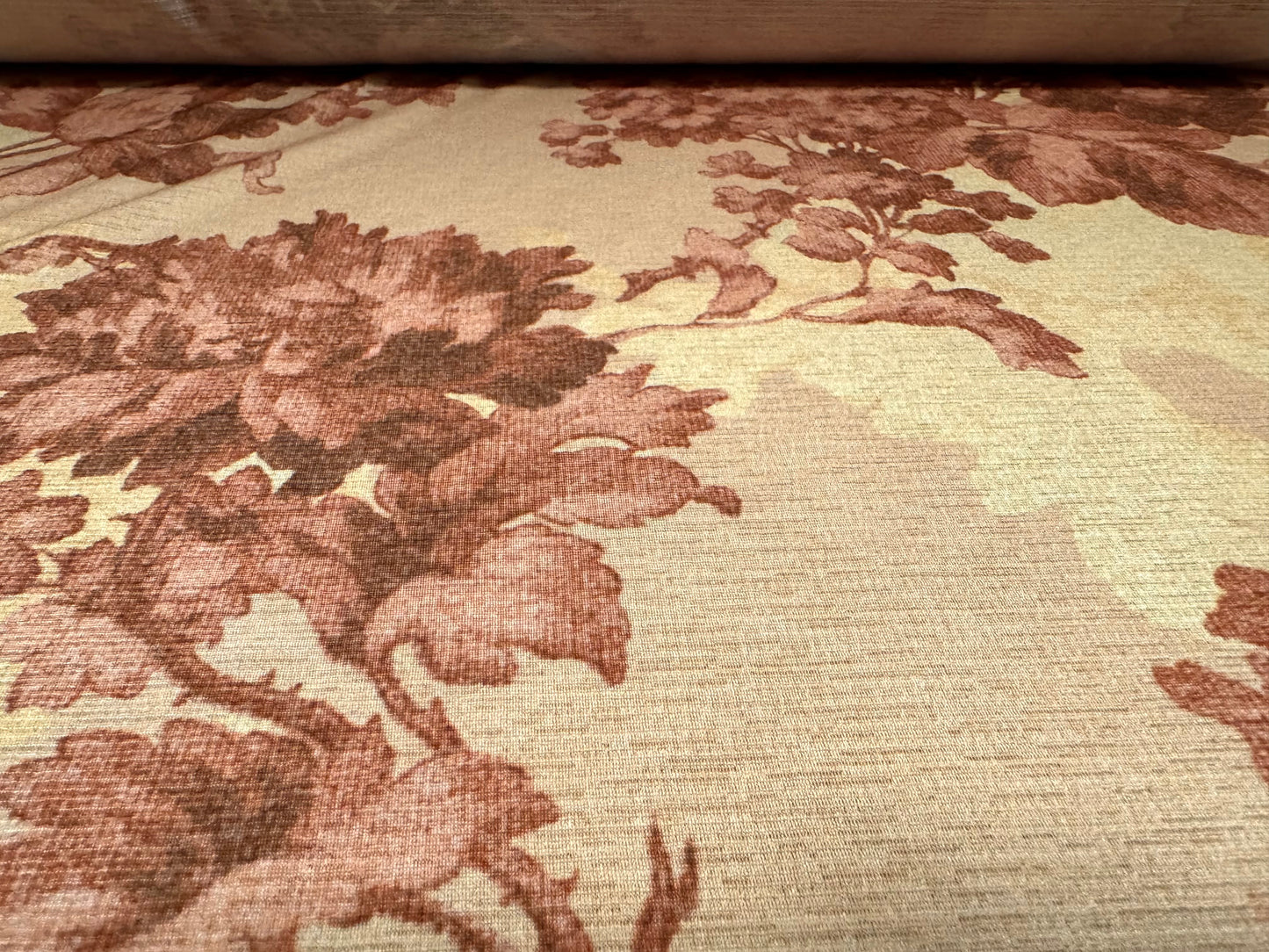 Stretch cheesecloth jersey fabric, per metre - floral toile print - peach & pink