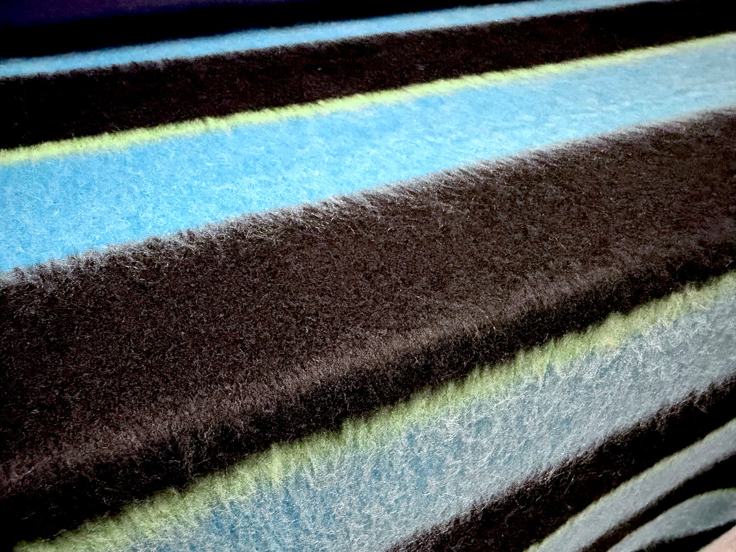 Wool faux fur fabric, per metre - ombré stripe - turquoise lime & black