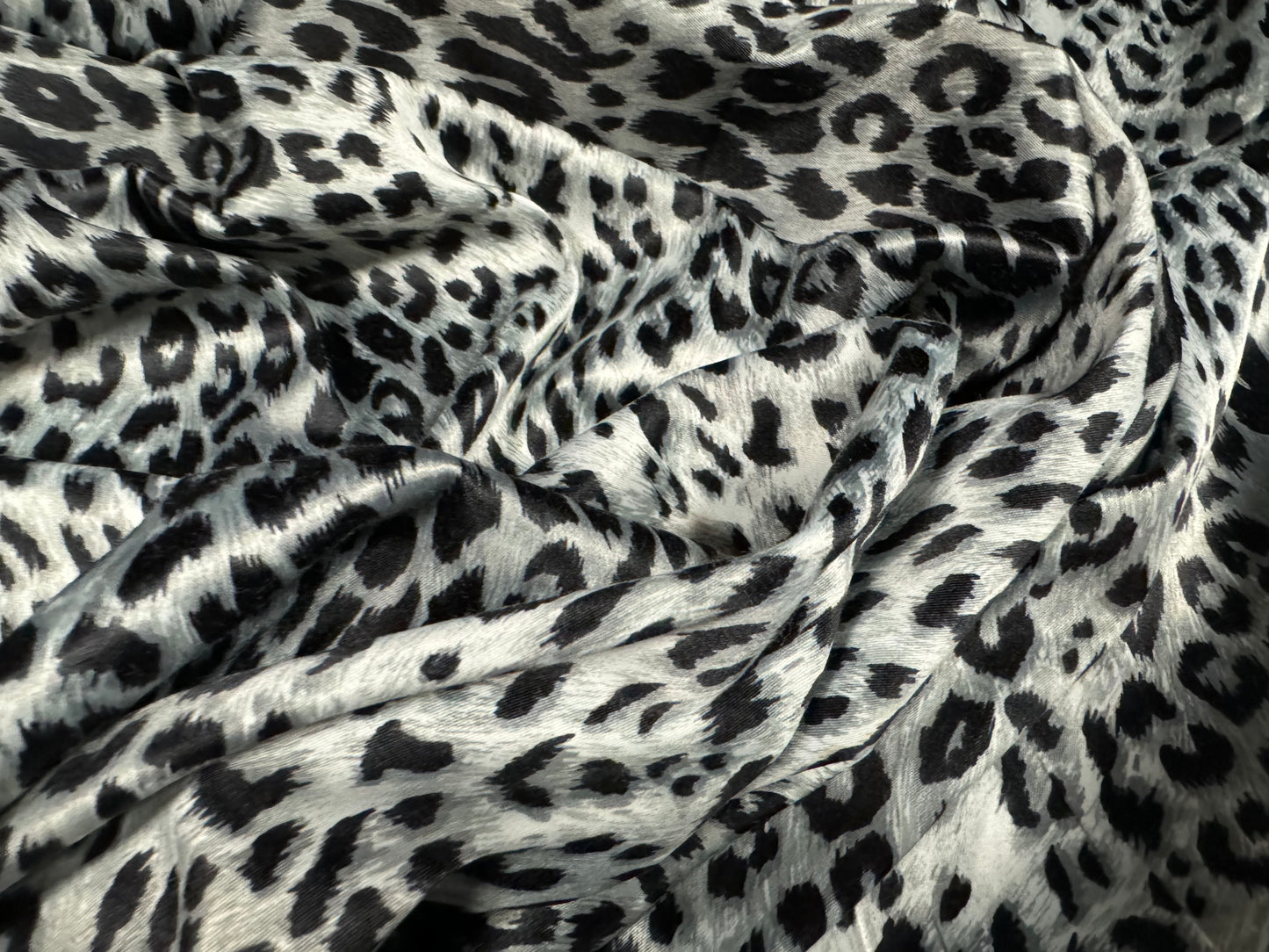 Cotton blend woven stretch sateen fabric, per metre - leopard print - silver grey