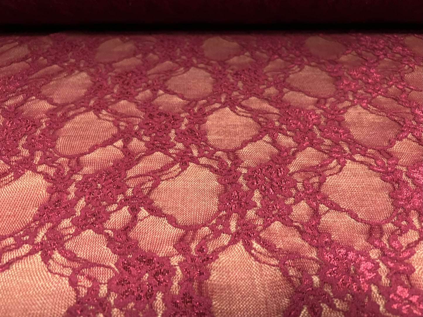 Stretch spandex mesh lace net fabric, per metre - floral - redcurrant