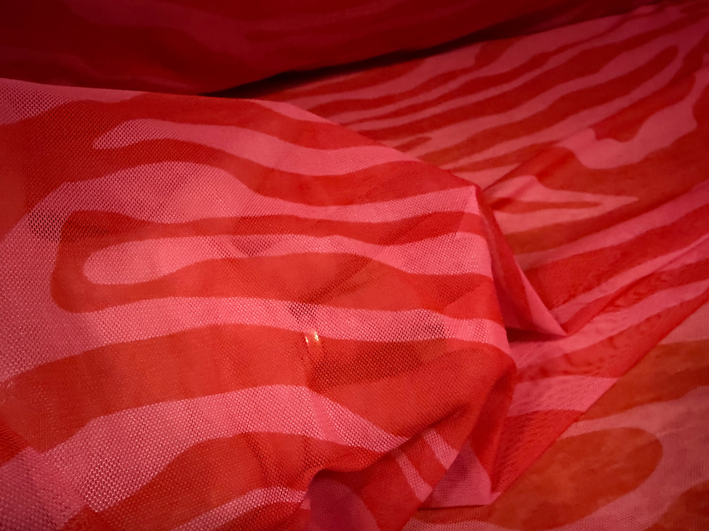 Power mesh net stretch spandex fabric, per metre - zebra print - red & pink