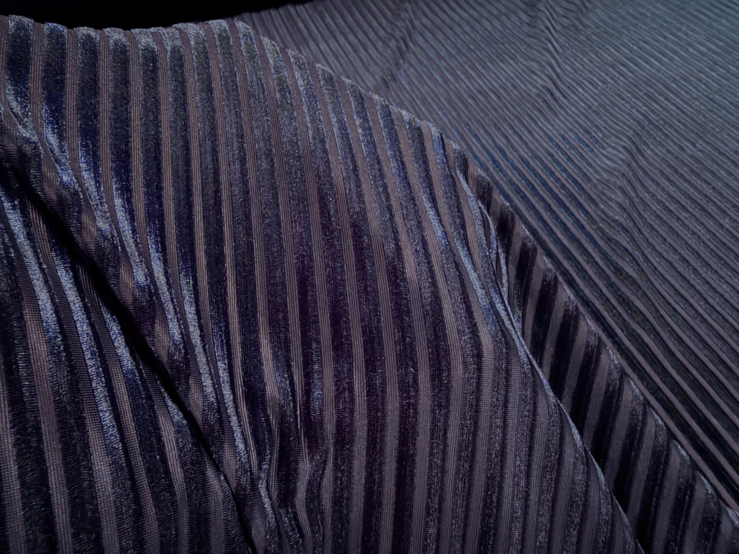 Spandex velvet stretch dress fabric, per metre - burnout ribbed stripe - navy blue
