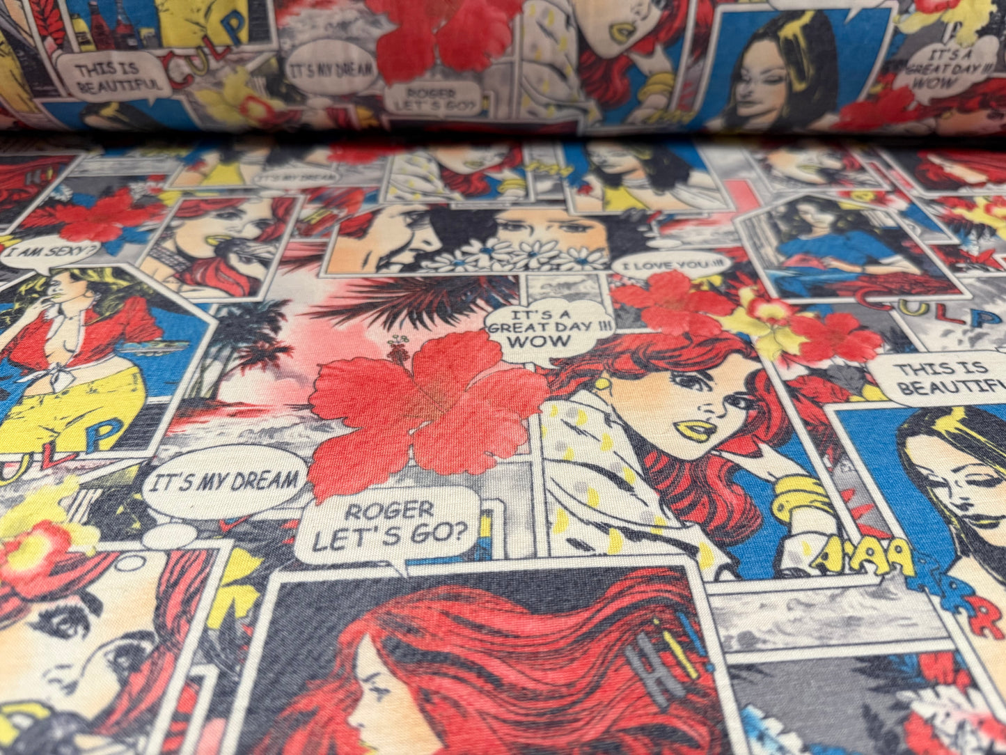 Soft handle single jersey fabric, per metre - comic strip print - multicolour