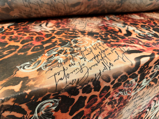 Power mesh net stretch spandex fabric, per metre - leopard & verse print - peach & nude