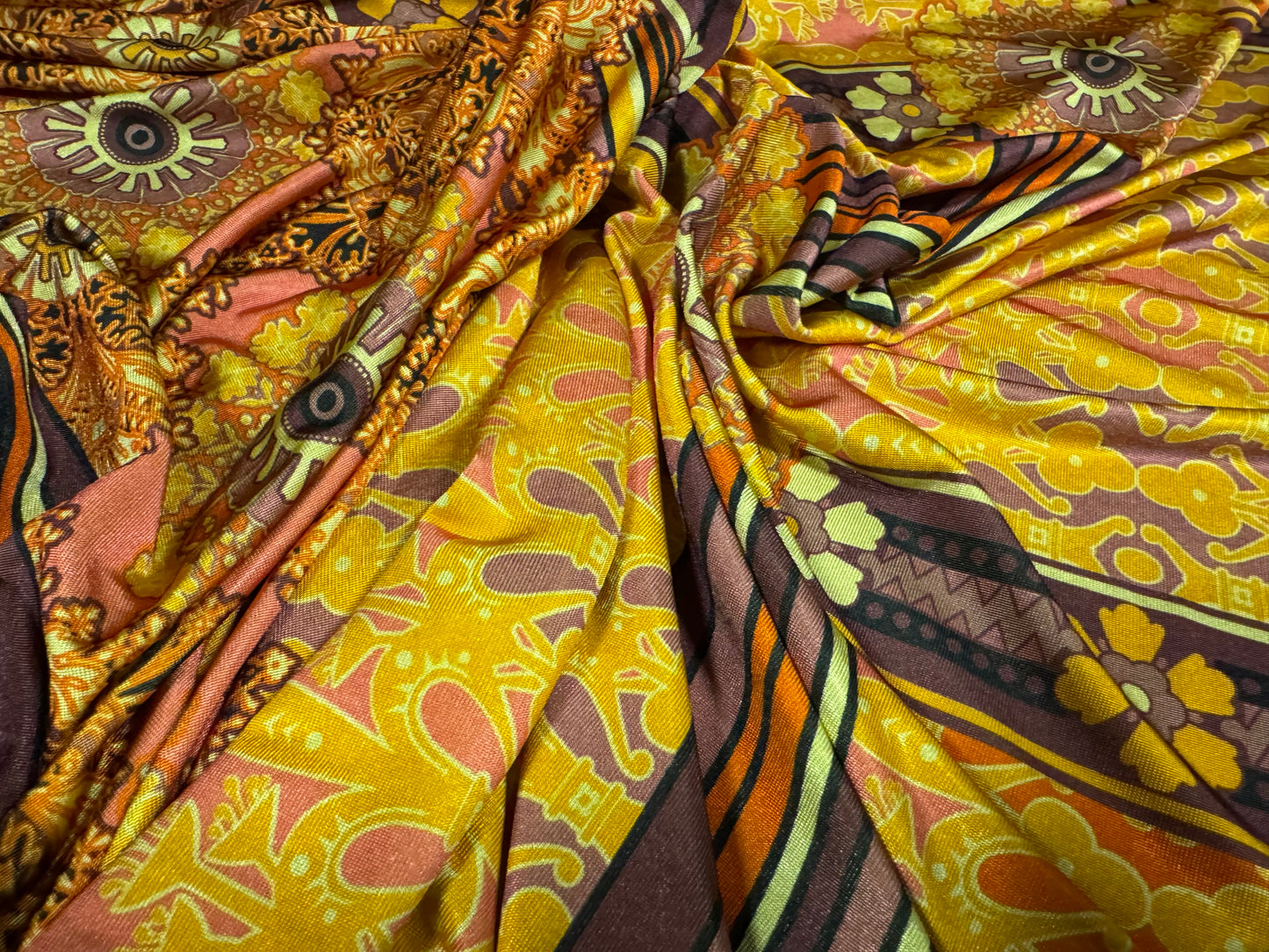 Soft touch stretch spandex single jersey fabric, per metre - retro floral print - gold purple & lime