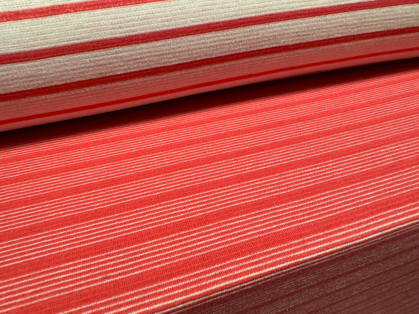 Ponte Roma double jersey knit stretch fabric, per metre - reversible stripe - strawberry & off white