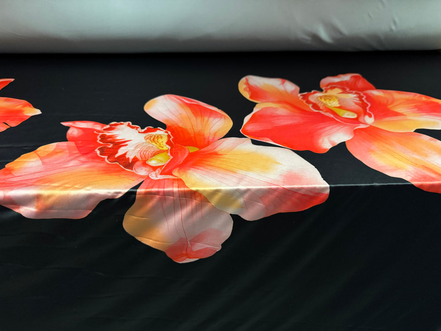 ITY stretch spandex single jersey fabric, per metre - jumbo lily print - black & coral