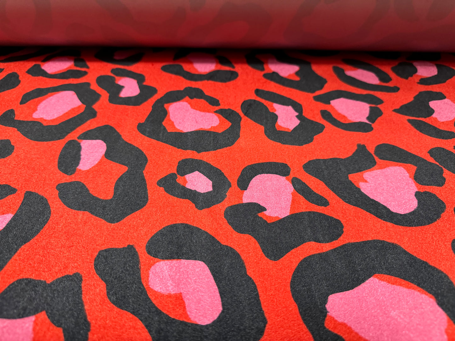 Spandex velvet stretch dress fabric, per mere - jumbo cheetah print - bright red & pink