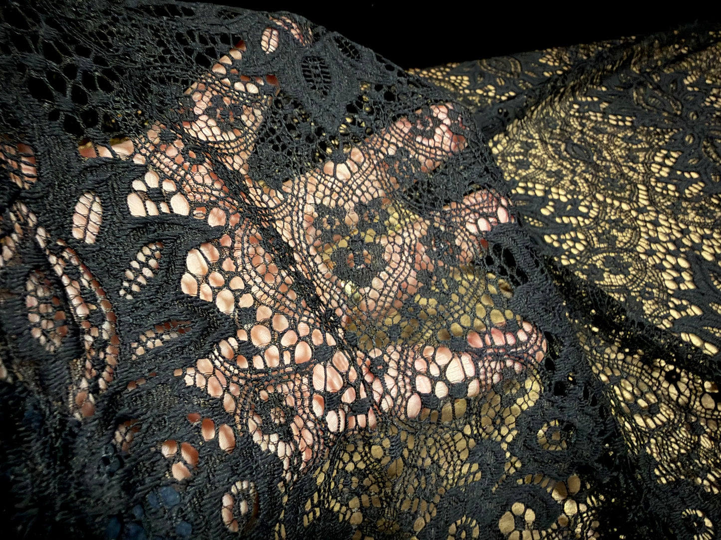 Intricate lace fabric, per metre - mandala floral design - black