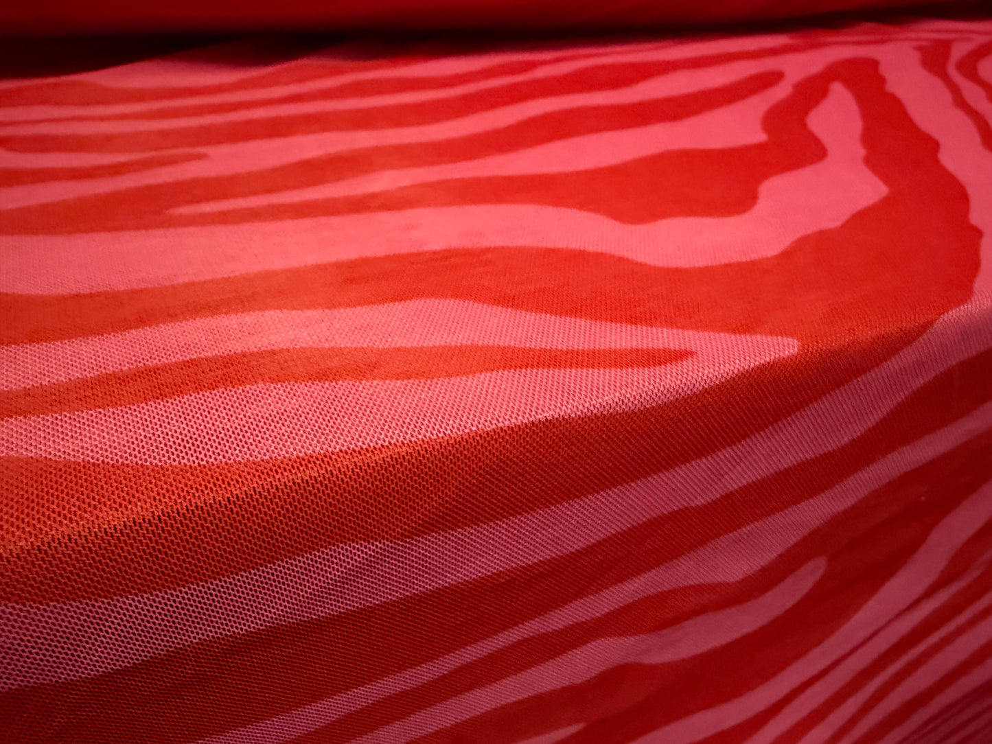 Power mesh net stretch spandex fabric, per metre - zebra print - red & pink