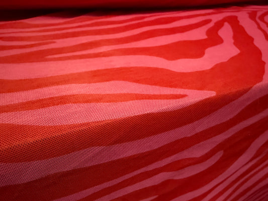 Power mesh net stretch spandex fabric, per metre - zebra print - red & pink