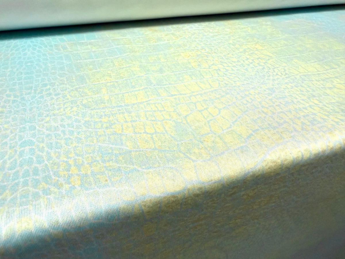 Scuba crepe stretch double jersey fabric, per metre - distressed crocodile print - turquoise & lemon