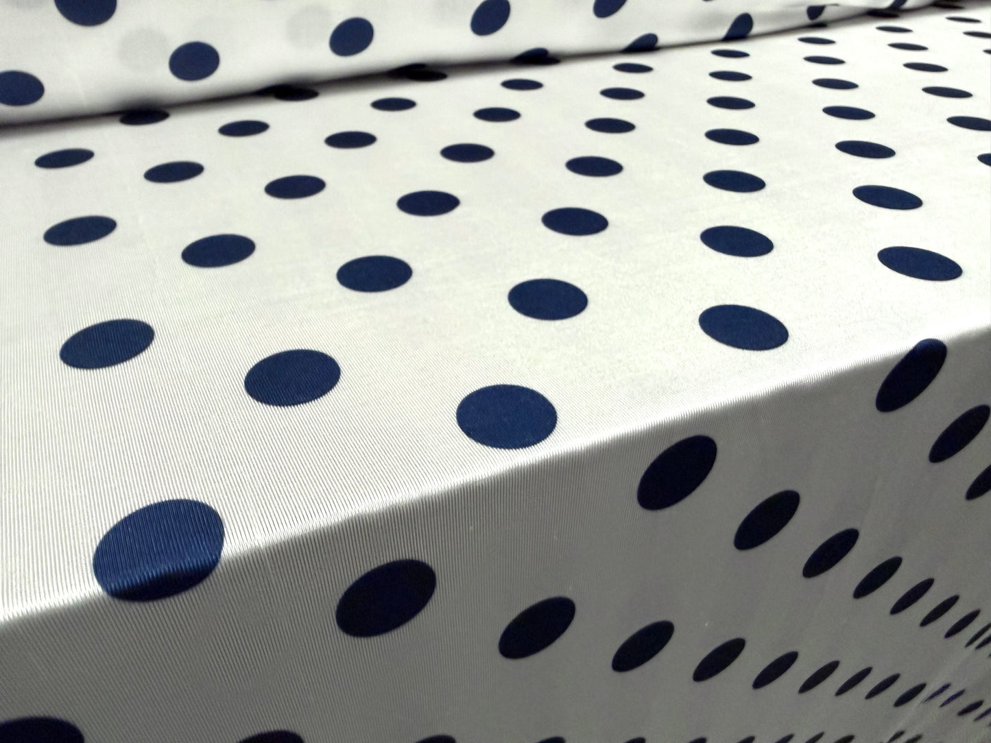 Stretch spandex single jersey fashion fabric, per metre - polka dot print - white & navy blue