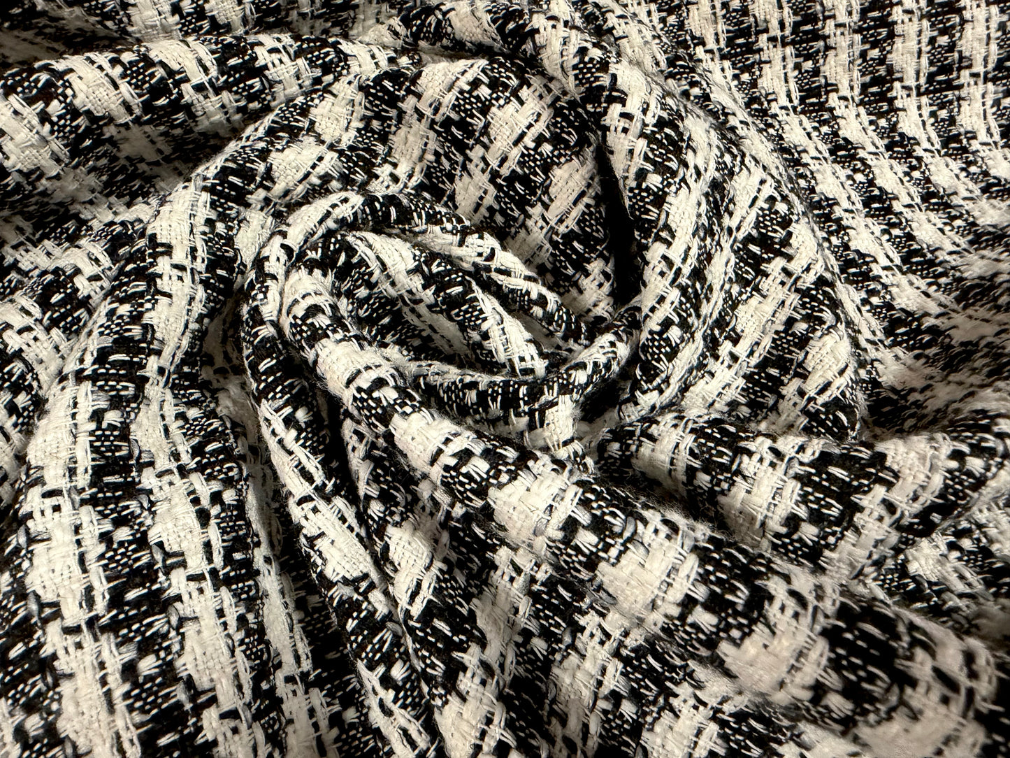 Wool bouclé fabric, per metre - stylised stripe - black & ivory
