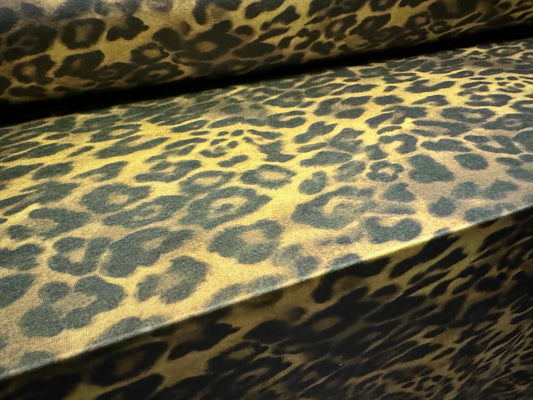 Soft touch stretch spandex single jersey fabric, per metre - leopard animal print - gold