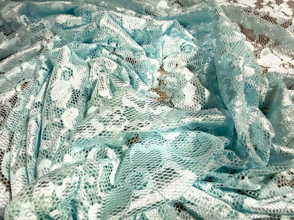 Stretch spandex lace dress fabric with scalloped selvedge, per metre - floral - aqua