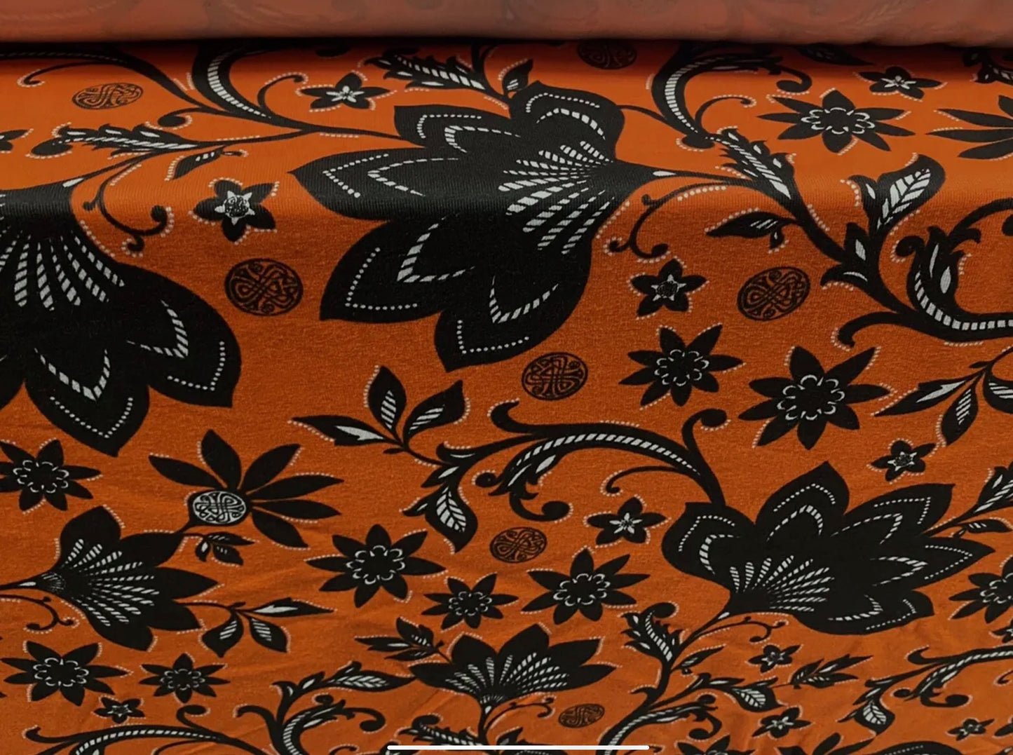 Viscose spandex stretch single jersey fabric, per metre - flower print - Orange & black