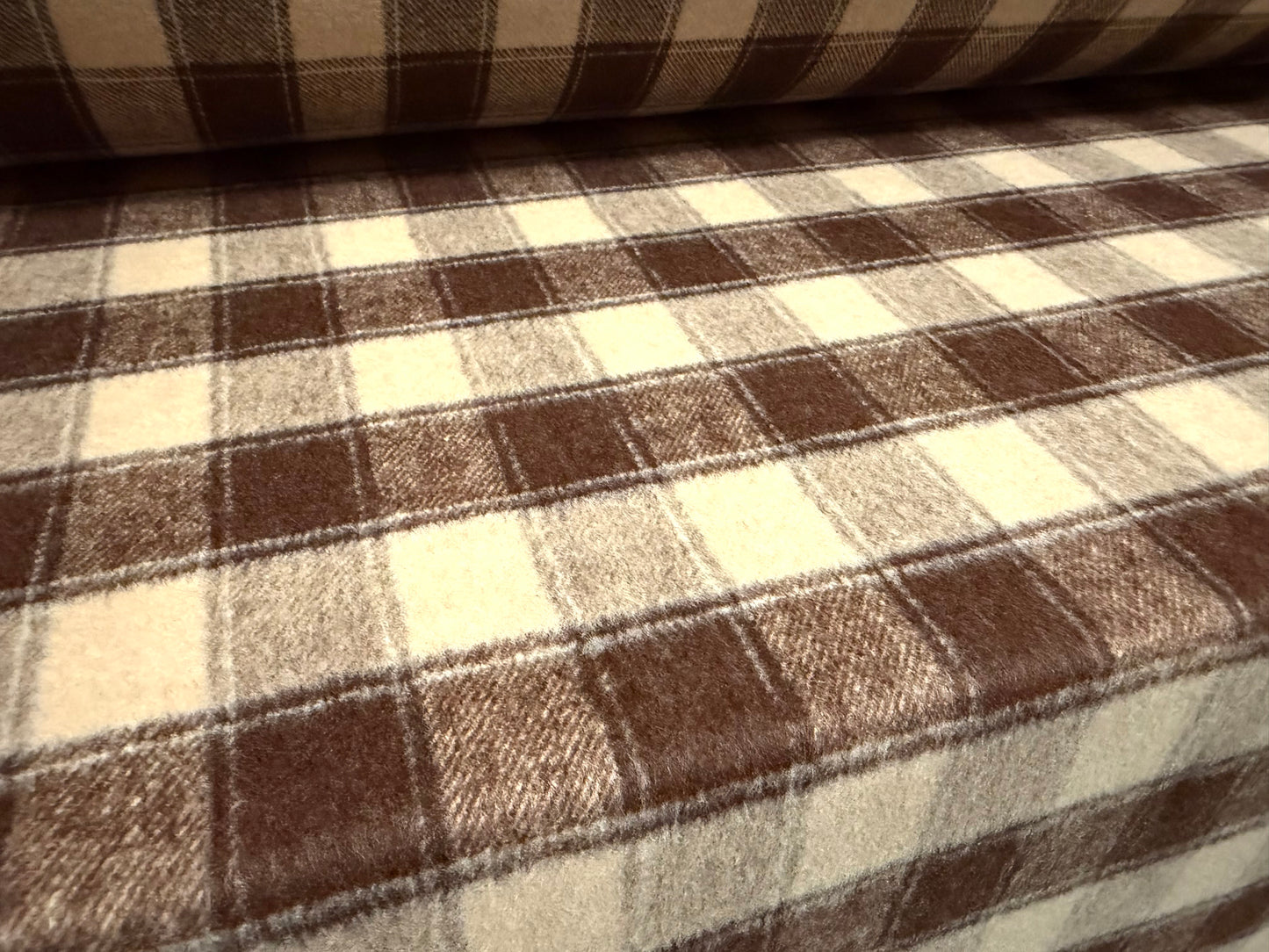 Heavyweight wool flannel fabric, per metre - plaid check - brown & beige