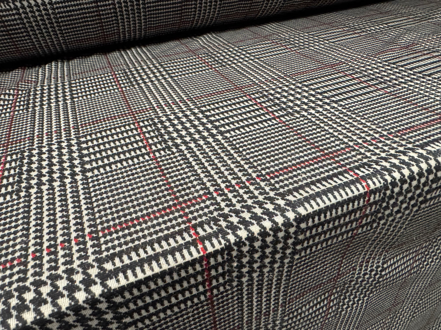 Soft handle single jersey fabric, per metre - dogtooth check print - black ivory & red