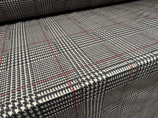Soft handle single jersey fabric, per metre - dogtooth check print - black ivory & red