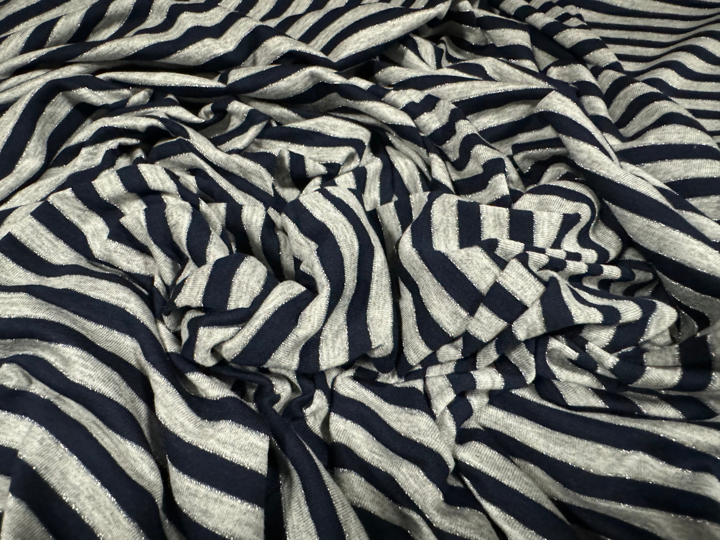 Metallic viscose spandex stretch single jersey fabric, per metre - stripe - navy & grey with silver lurex