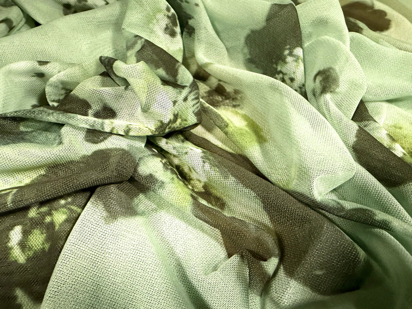Power mesh net stretch spandex fabric, per metre - flourish print - pale mint green