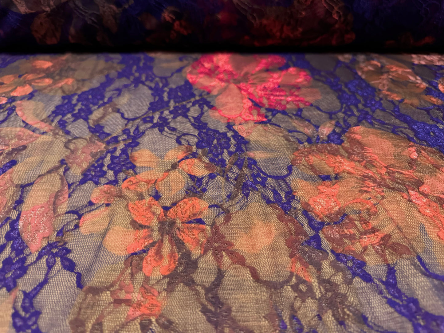 Stretch spandex mesh lace fabric, per metre - lily flower print - purple & pink