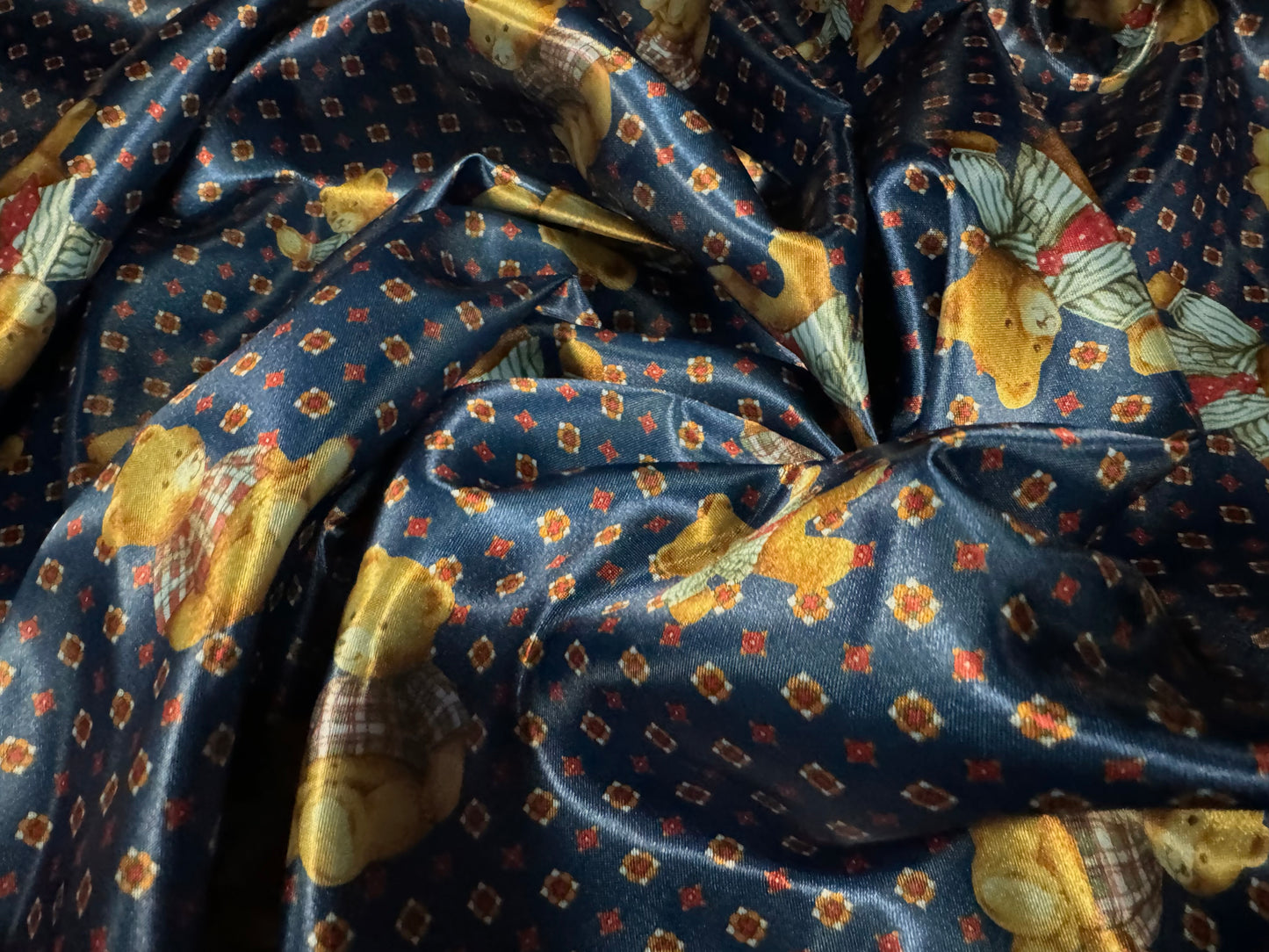 Silky satin woven dress fabric, per metre - teddy bear print - navy blue & brown