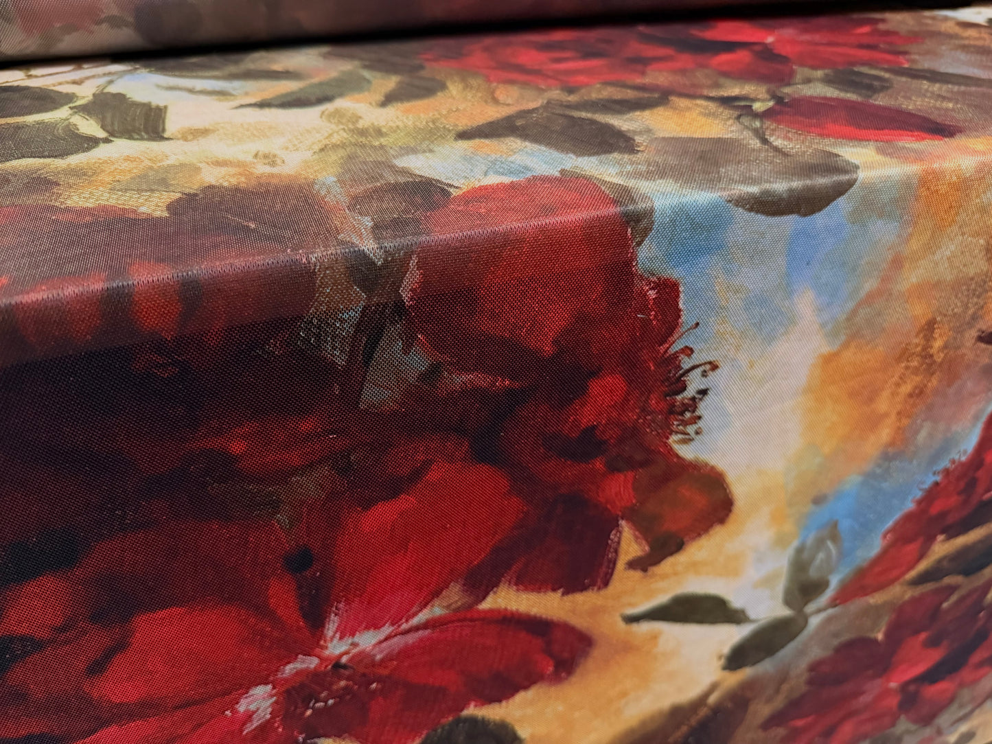 Power mesh net stretch spandex fabric, per metre - Impressionist floral print - red gold & blue