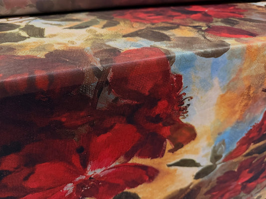 Power mesh net stretch spandex fabric, per metre - Impressionist floral print - red gold & blue